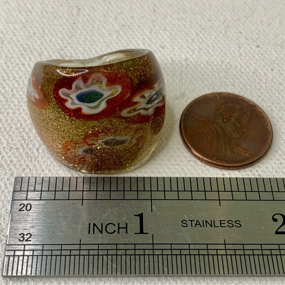 Vintage Murano Style Solid Glass Hand Blown Red Gold Millefiori Dome Ring Size 7